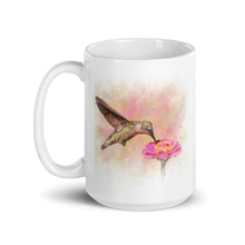 Load image into Gallery viewer, Large, watercolour-styled hummingbird coffee mug.
