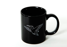 Load image into Gallery viewer, black and white coffee mug with a hummingbird design
