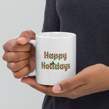Load image into Gallery viewer, JD&#39;s Mug Shoppe&#39;s Candy Cane styled &quot;Happy Holidays&quot; coffee mug

