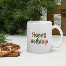 Load image into Gallery viewer, Happy Holidays coffee mug by JD&#39;s Mug Shoppe styled to look like Candy Cane
