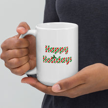 Load image into Gallery viewer, Happy Holidays 15oz coffee mug by JD&#39;s Mug Shoppe. Happy Holidays is designed to look like Candy Cane.
