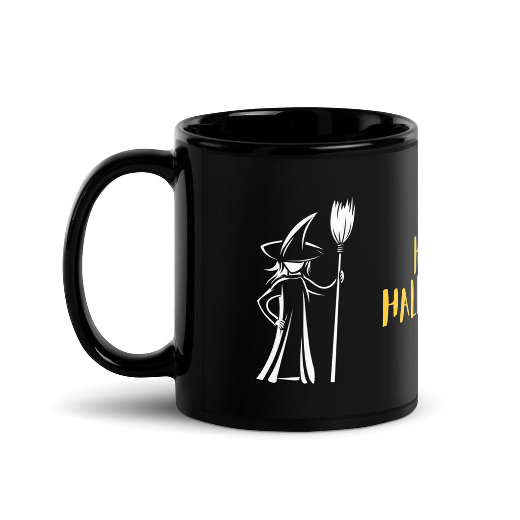 11 oz black coffee in a festive Halloween mug, adorned with a witch illustration on the left and right and bold 'Happy Halloween' text.