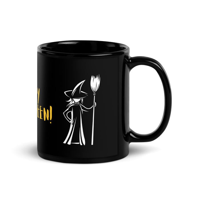 A spooky-themed coffee mug holding 11 oz of black coffee, showcasing a witch design and a vibrant 'Happy Halloween' greeting.