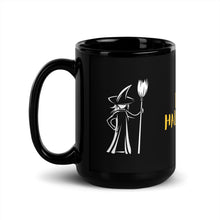 Load image into Gallery viewer, 15 oz black Halloween-themed mug decorated with a witch on each side and a bold &#39;Happy Halloween&#39; message.
