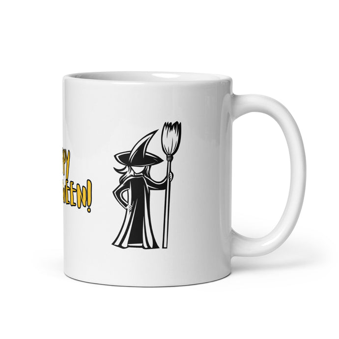 A white 11 oz coffee mug, featuring a playful witch graphic on each side and 'Happy Halloween' message.