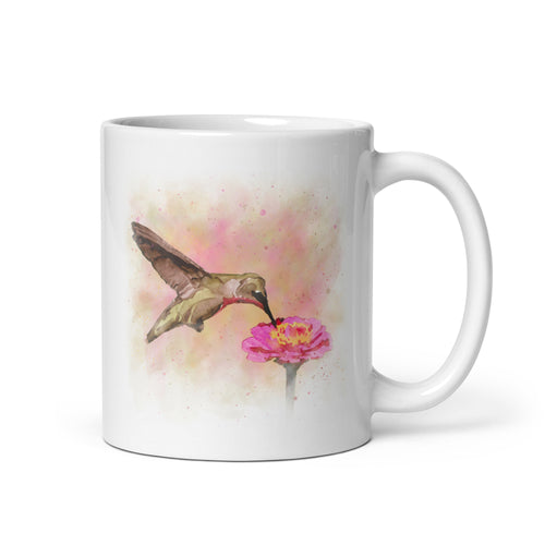 Hummingbird Coffee Mug. The hummingbird graphic is in a Watercolour-Style.