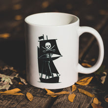 Load image into Gallery viewer, black and white pirate ship coffee mug
