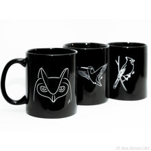Load image into Gallery viewer, owl, hummingbird, and cardinal coffee mug
