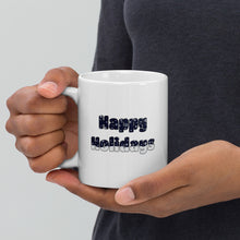Load image into Gallery viewer, Christmas coffee mug with happy holidays text and a winter landscape inside the text
