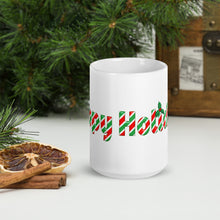 Load image into Gallery viewer, Happy Holidays Coffee Mug with red and green stripped lettering
